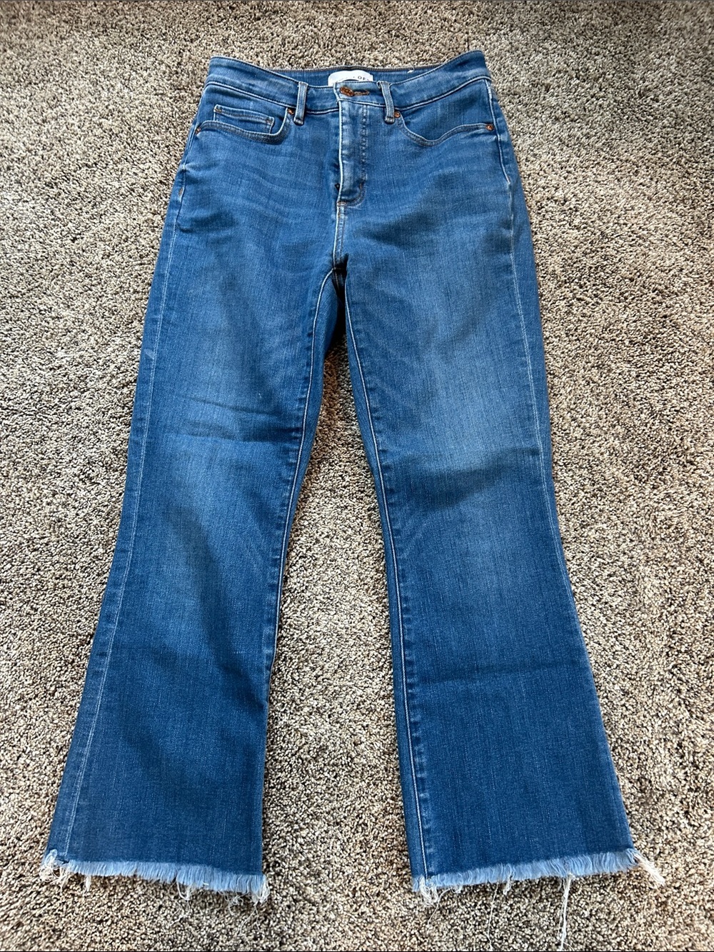 LOFT Medium Blue High-Rise Flare Jeans with Raw Hem